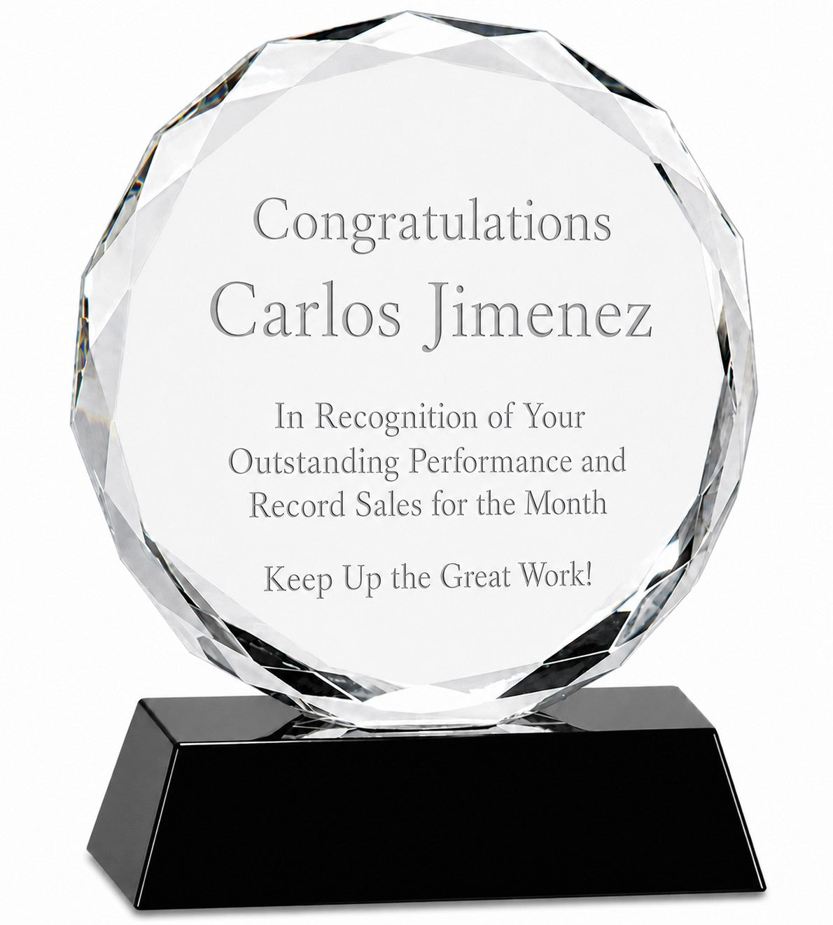 Personalized Round Crystal Recogntition Award On Black Crystal Base - 7" Height