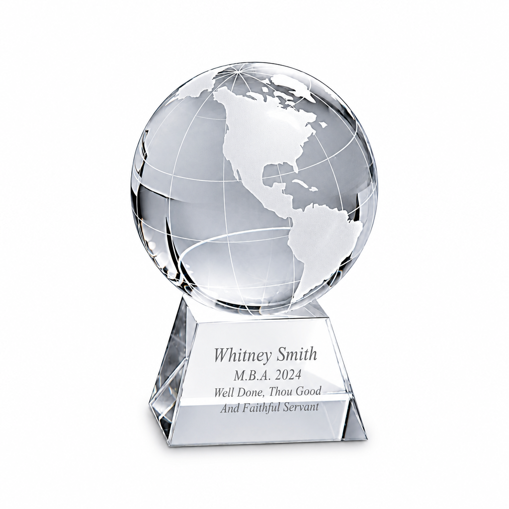 Clear crystal globe on engraved pedestal, 4½-inch height, on a white background
