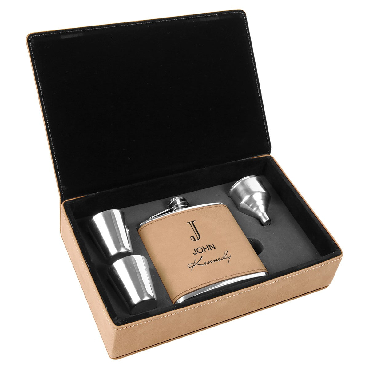 Light Brown & Black Full Name Monogram Flask Set