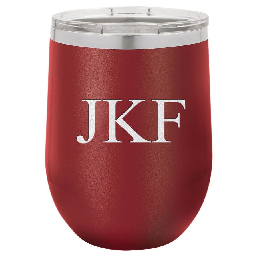 12 Ounce Maroon Insulated Stemless Wine Glass with Personalized Initials