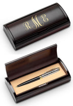 Script Monogram Black & Gold Ballpoint Pen with Cherry Wood Box