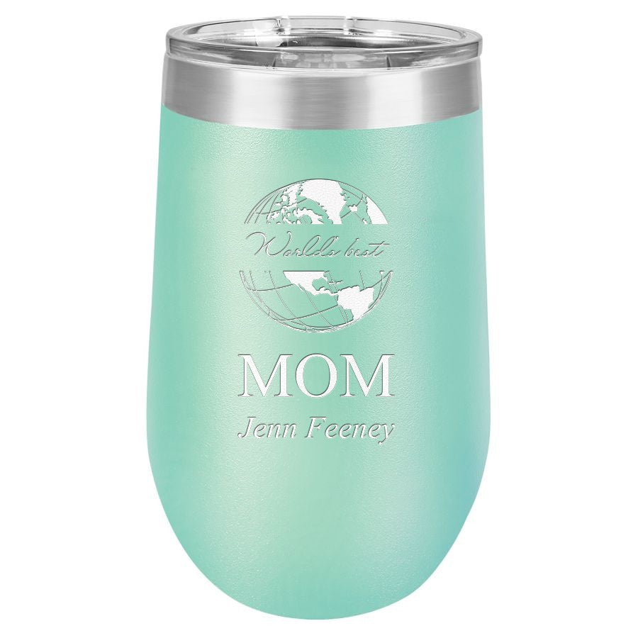 World's Best Mom Personalized 16 Ounce Teal Insulated Stemless Wine Glass
