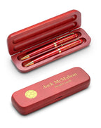 Soccer Themed Laser Engraved Cherry Finish Wood Double Pen and Box Set