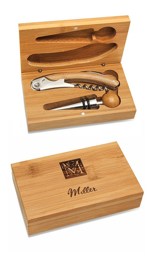 Monogram Bamboo 2 Piece Wine Tool Set - Executive Gift Shoppe