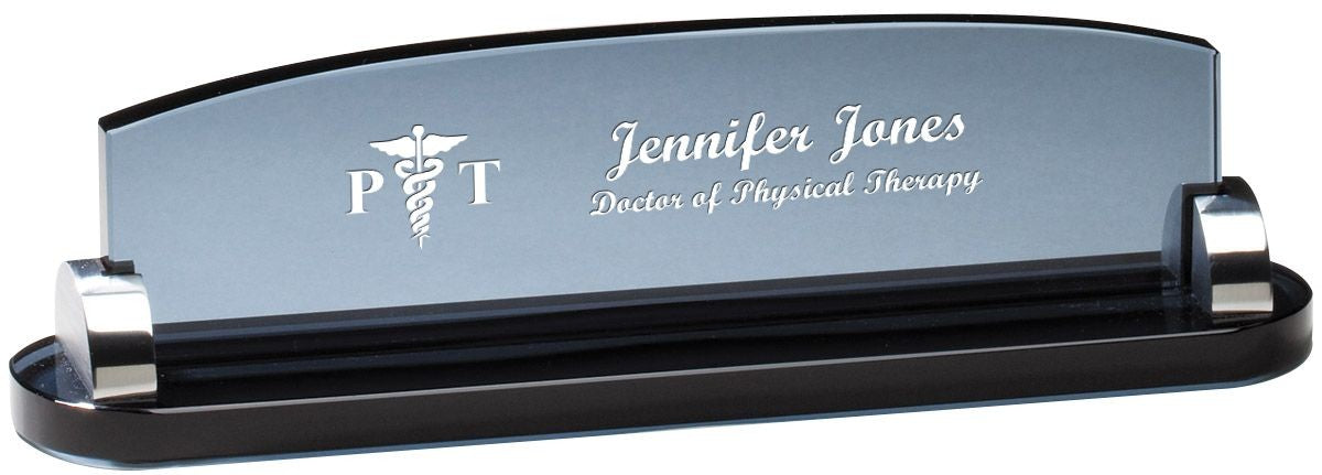 Personalized Physical Therapist Theme Smoked Glass Desktop Name Plate