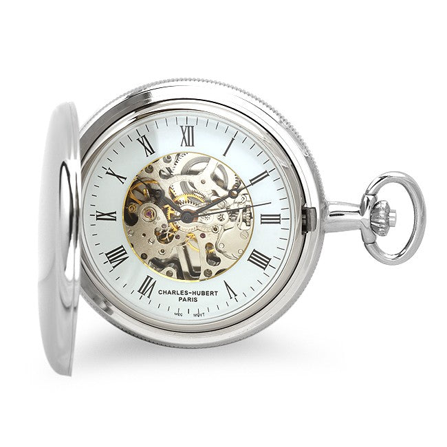 Polished Silver Mechanical Pocket Watch & Chain - Executive Gift Shoppe