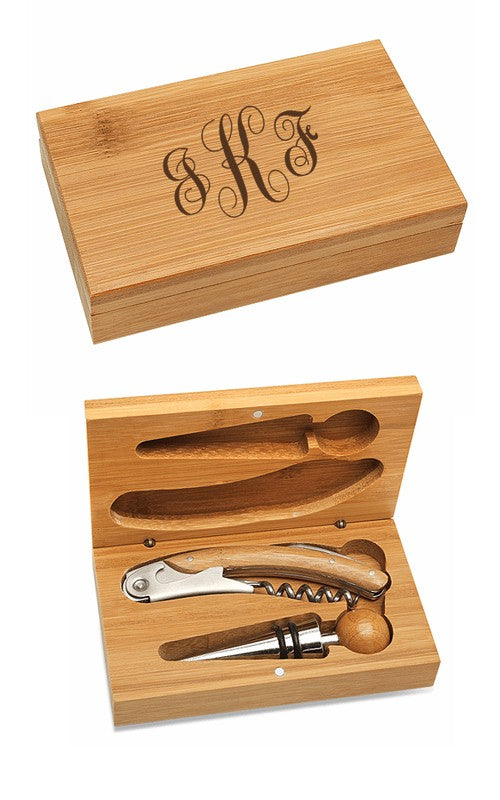 Script Monogram Bamboo 2 Piece Wine Tool Set