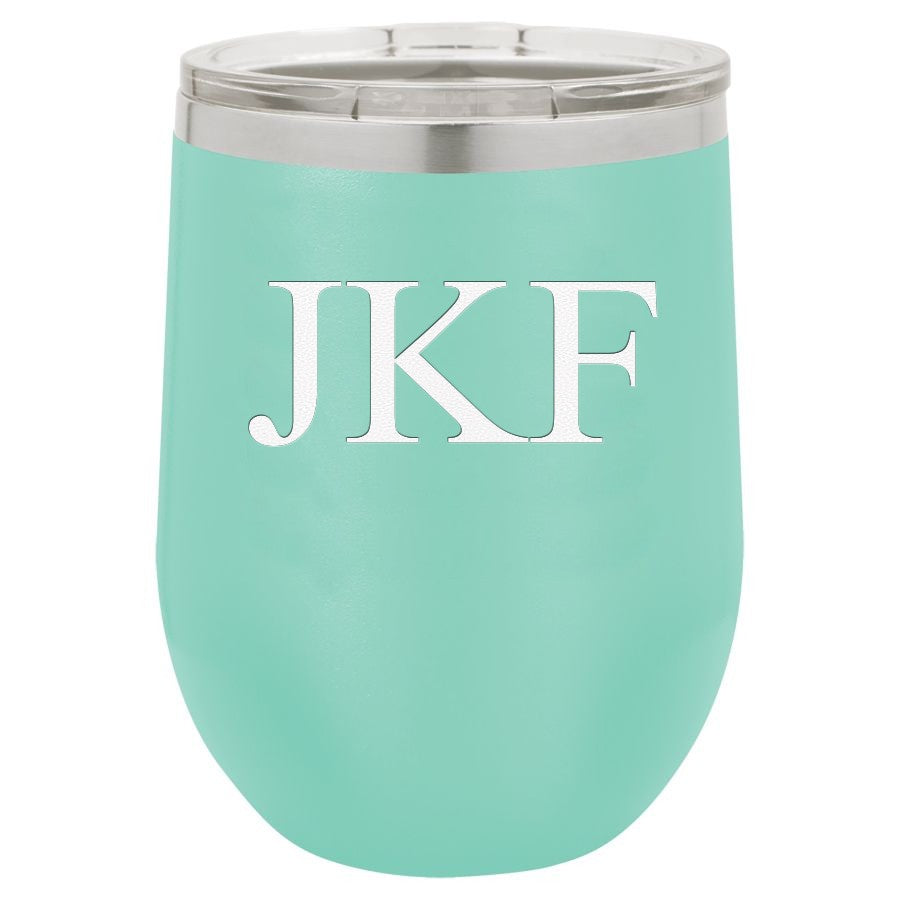 12 Ounce Teal Insulated Stemless Wine Glass with Personalized Initials