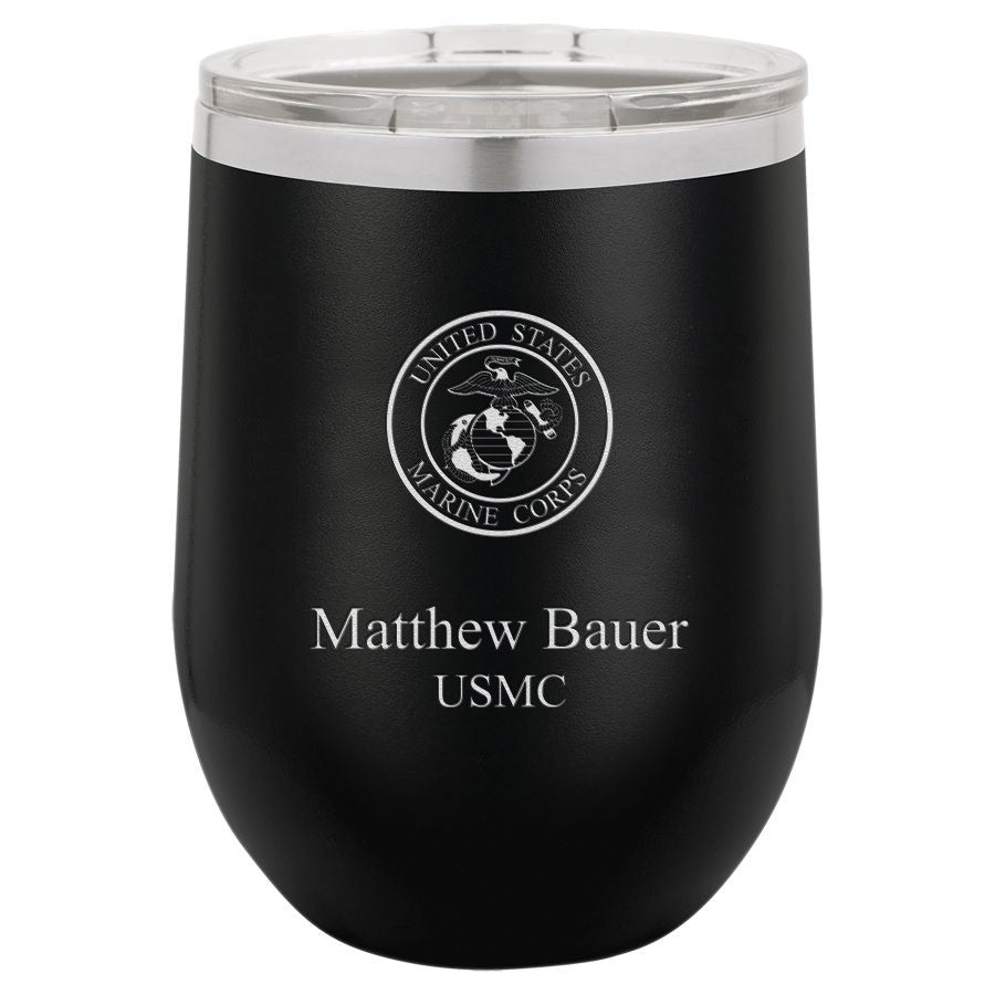 Marines Emblem 12 Ounce Black Insulated Stemless Wine Glass
