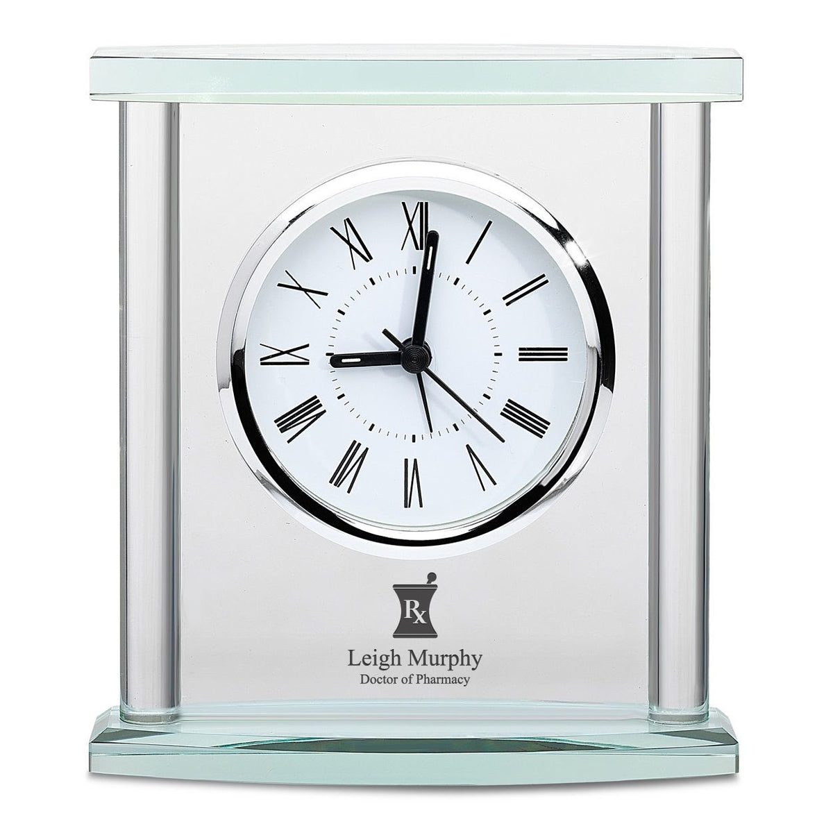 Pharmacist Personalized Glass Table Clock with Silver Finish Accents