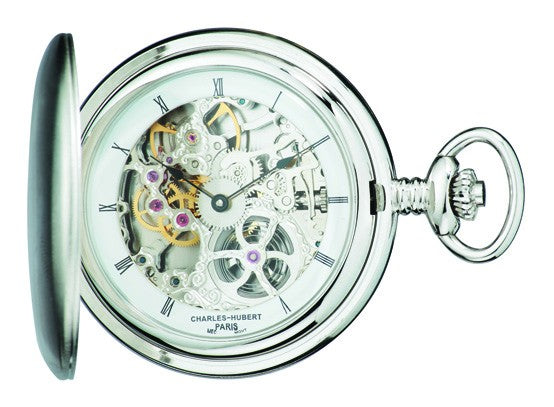 Satin Silver Charles Hubert Pocket Watch & Chain #3905-W - Executive Gift Shoppe