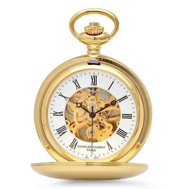 Dual Opening Gold Mechanical Pocket Watch & Chain - Executive Gift Shoppe