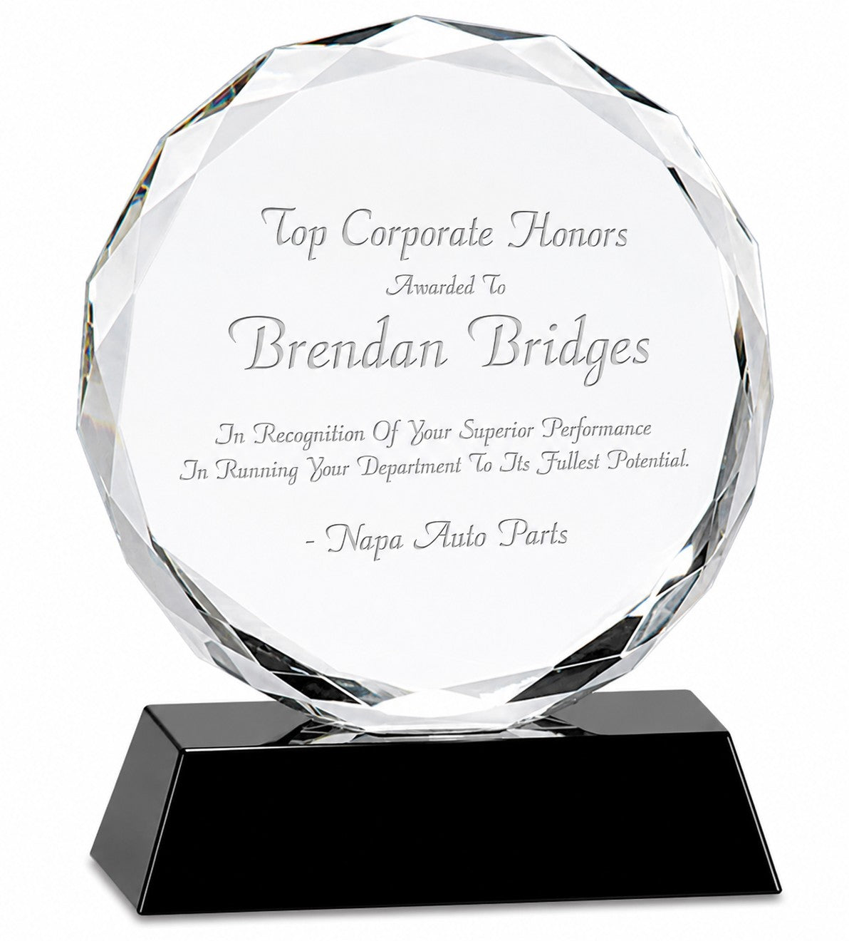 Personalized Round Crystal Recogntition Award On Black Crystal Base - 6" Height
