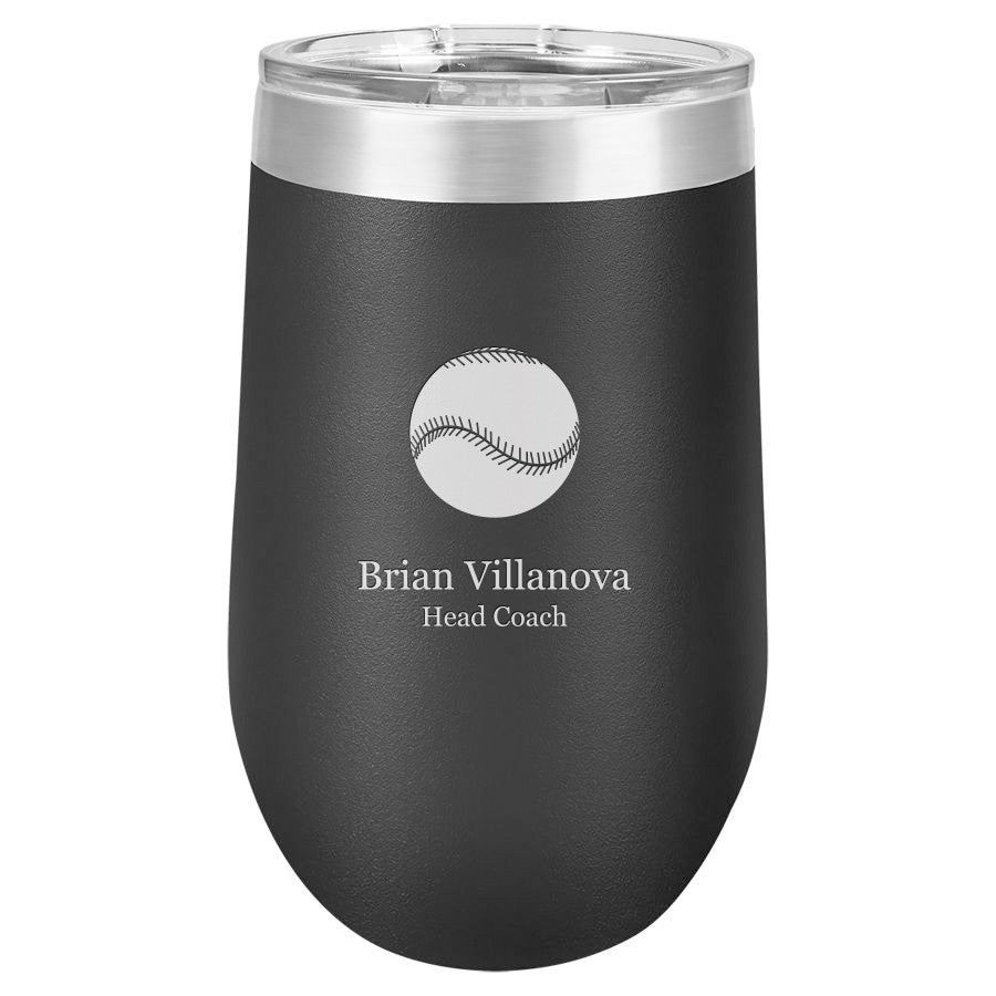 Baseball Themed 16 Ounce Black Personalized Stemless Wine Glass