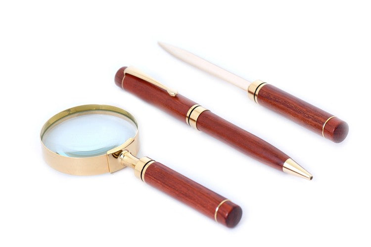 Rosewood & Brass Pen, Letter Opener and Magnifier Gift Set