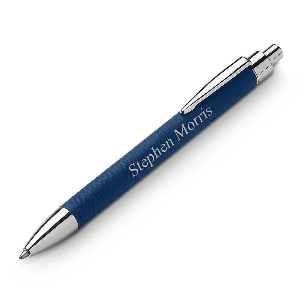 Silver & Blue Leatherette Click Action Ballpoint Pen - Free Personalization