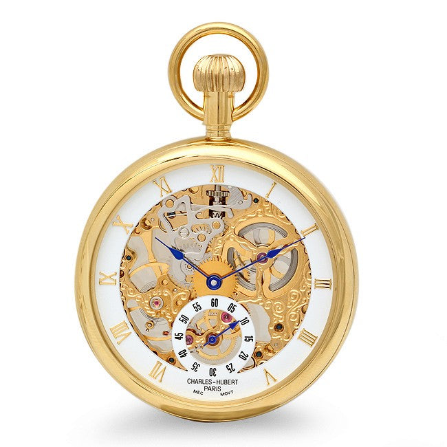 Open Face Gold Charles Hubert Pocket Watch and Chain #3566 - Executive Gift Shoppe