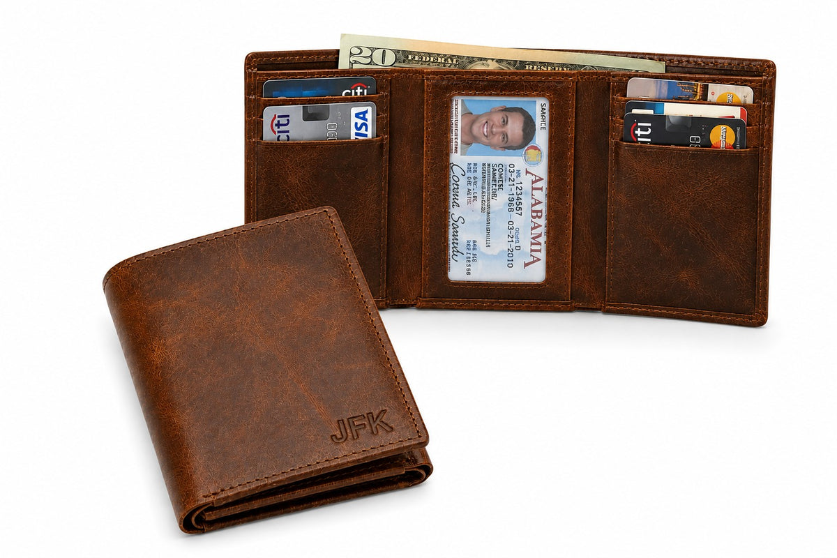 Executive Collection RFID Blocking Brown Leather Trifold Wallet with Center ID Window