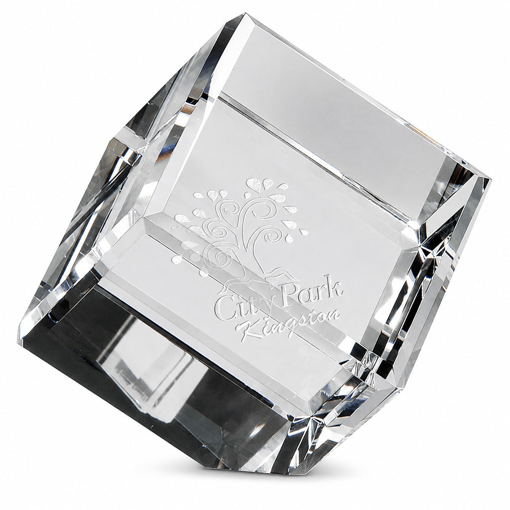 Personalized Crystal Cube Paper Weight with Beveled Corner - 3" x 3"