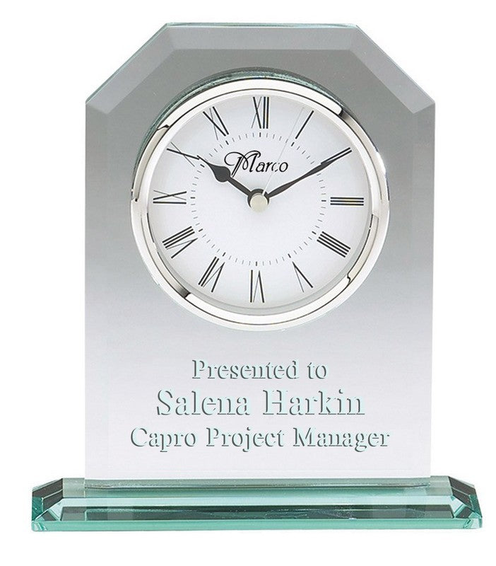 Laser Engraved Crystal Desk Clock with Faceted Arched Top