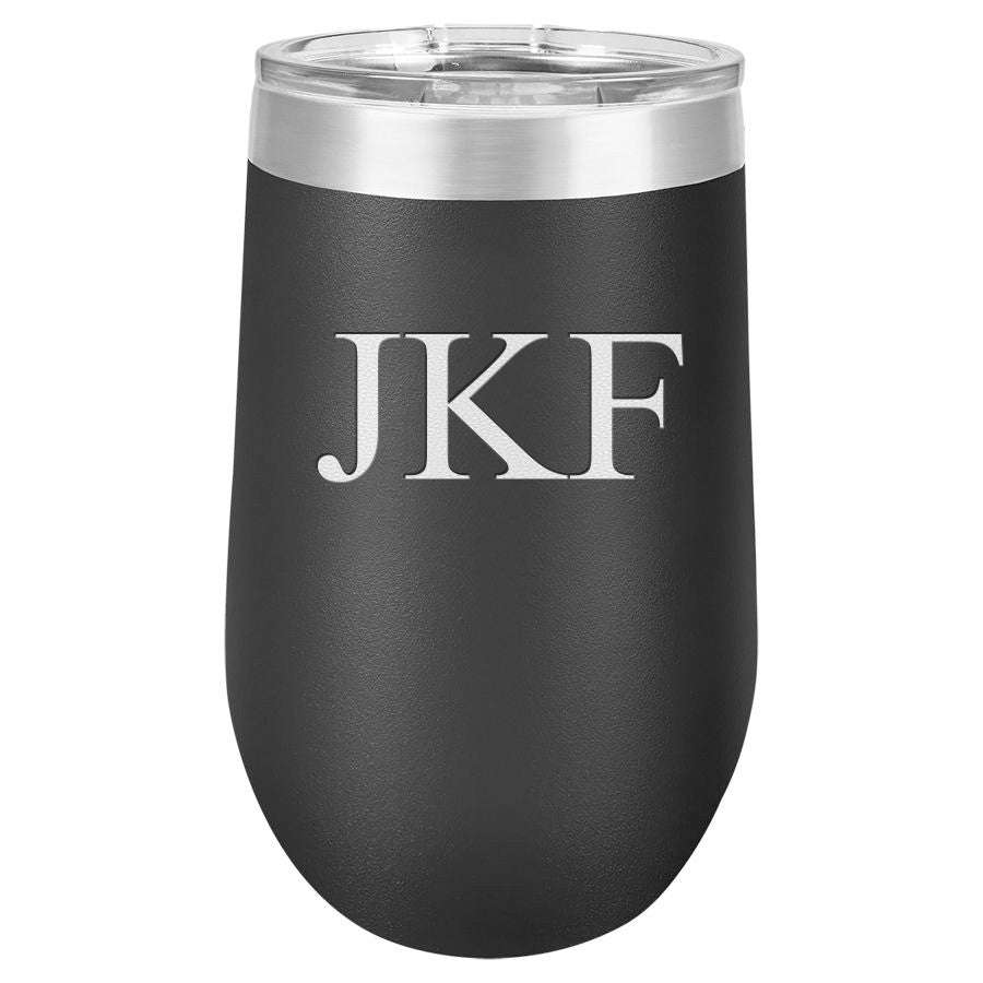 16 Ounce Black Insulated Stemless Wine Glass with Personalized Initials
