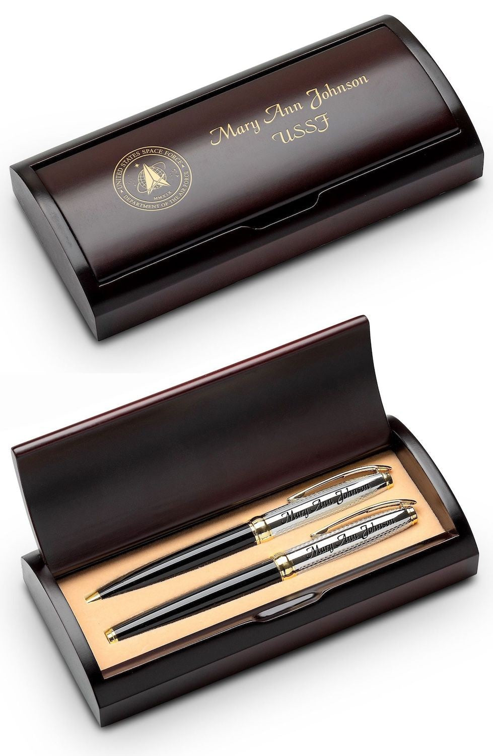 Space Force Theme Personalized Two Piece Pen Set with Wood Box