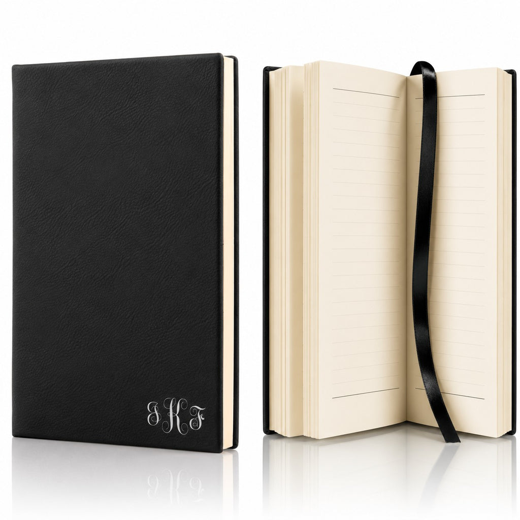 Black & Silver Journal with Black Satin Bookmark with Script Monogram