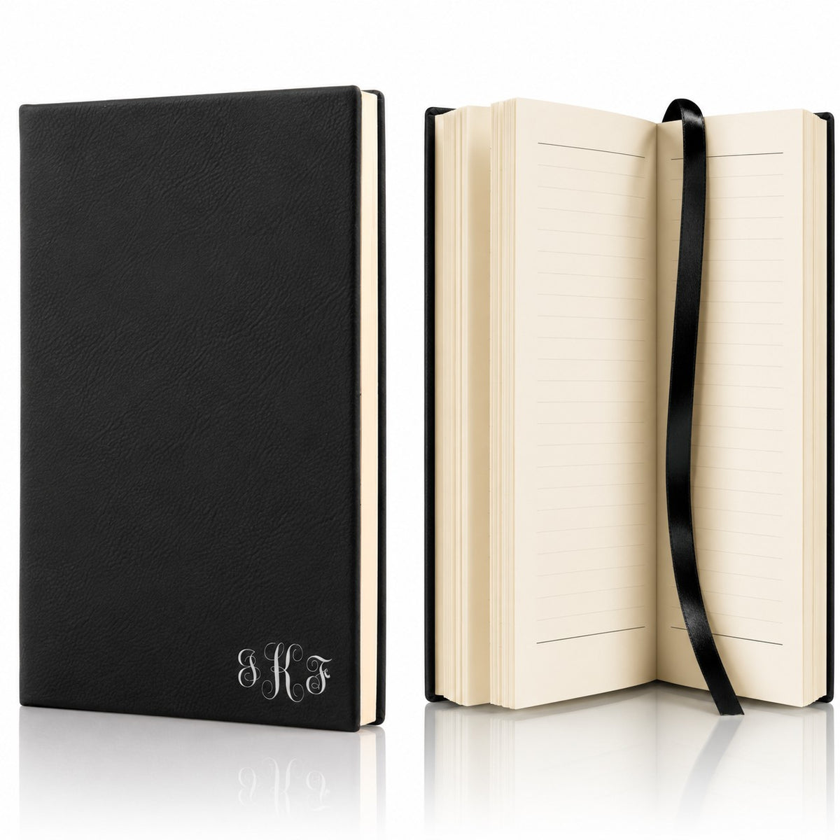 Black & Silver Journal with Black Satin Bookmark with Script Monogram