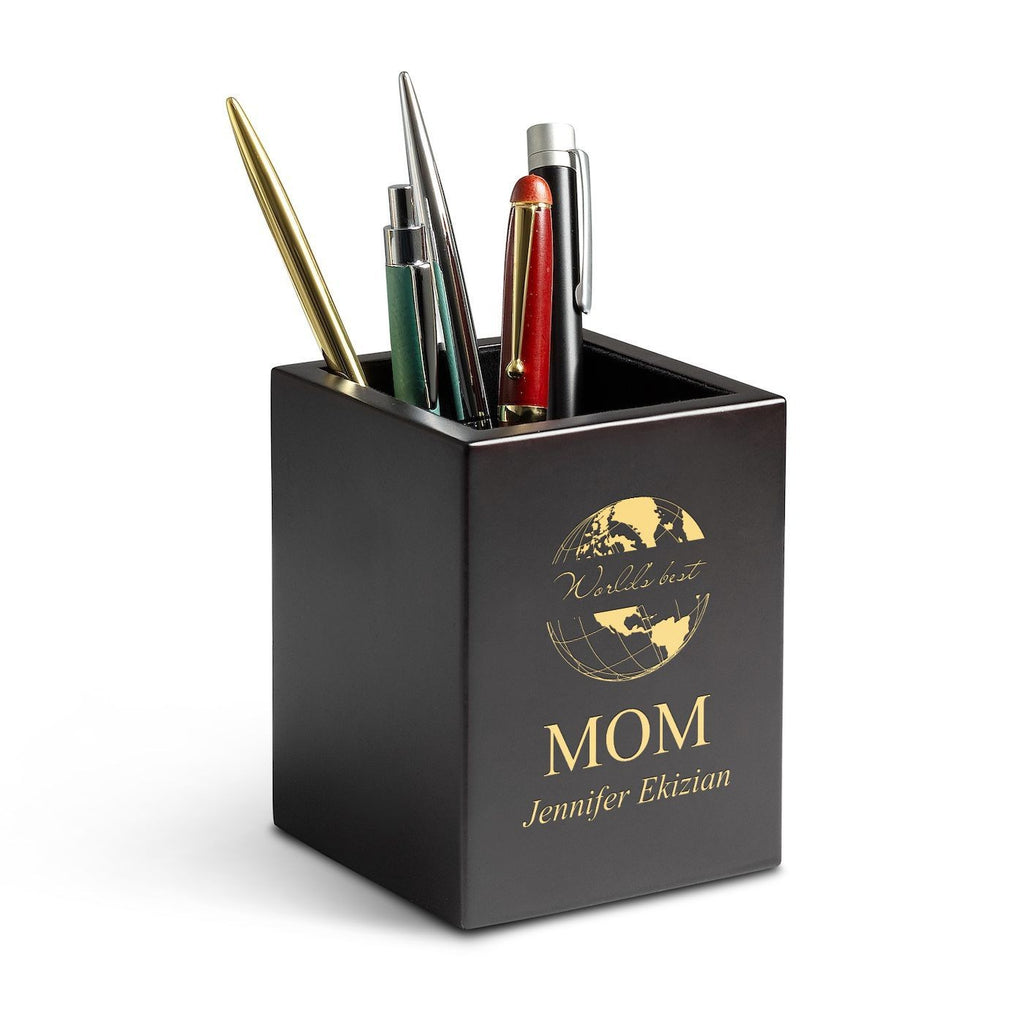 Cherry Finish Wood World's Best Mom Personalized Pen and Pencil Cup