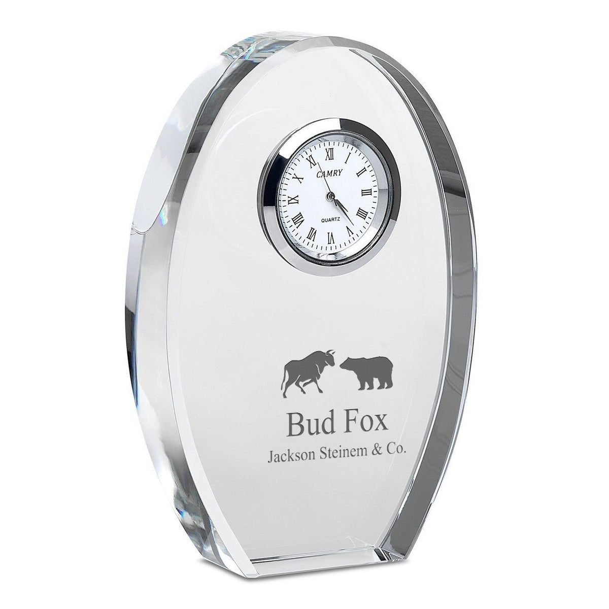 Bull & Bear Personalized Oval Crystal Desk Clock
