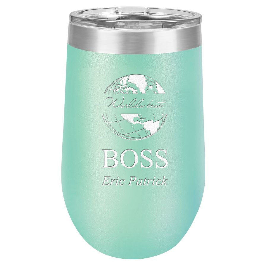 World's Best Boss Personalized 16 Ounce Teal Insulated Stemless Wine Glass