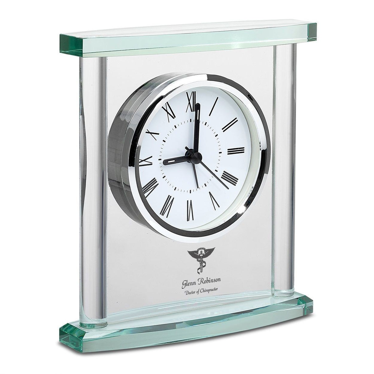 Chiropractor Personalized Glass Table Clock with Silver Finish Accents
