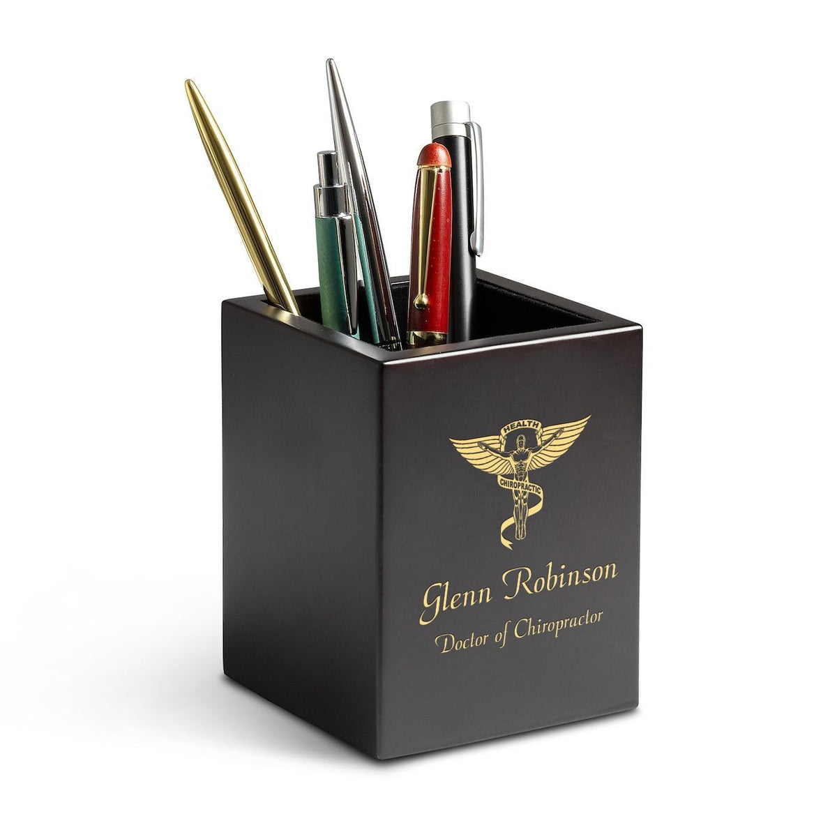 Cherry Finish Wood Chiropractor Theme Personalized Pen and Pencil Cup