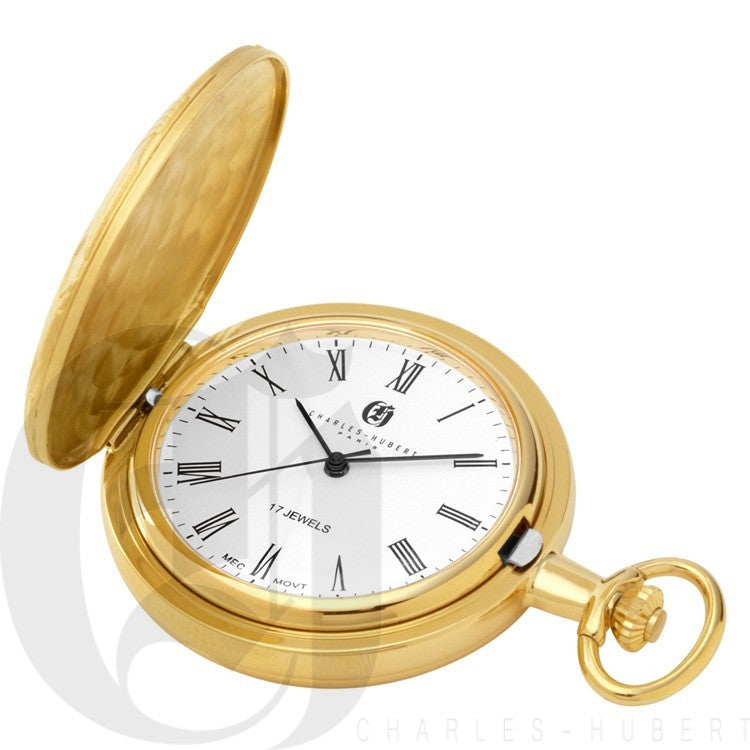 Basketweave Gold Mechanical Charles Hubert Pocket Watch & Chain #3841-GR - Executive Gift Shoppe