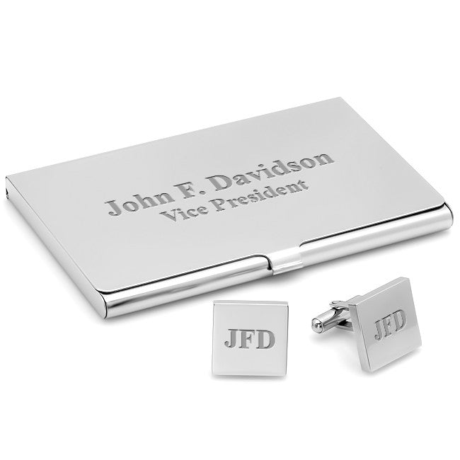 Polished Silver Engraved Business Card Holder & Cufflinks Gift Set - Executive Gift Shoppe