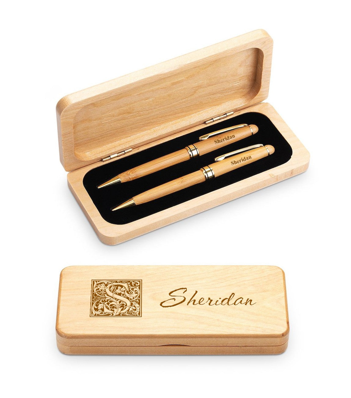 Last Name Monogram Theme Personalized Elegance Collection Maple Wood Pen & Pencil Set