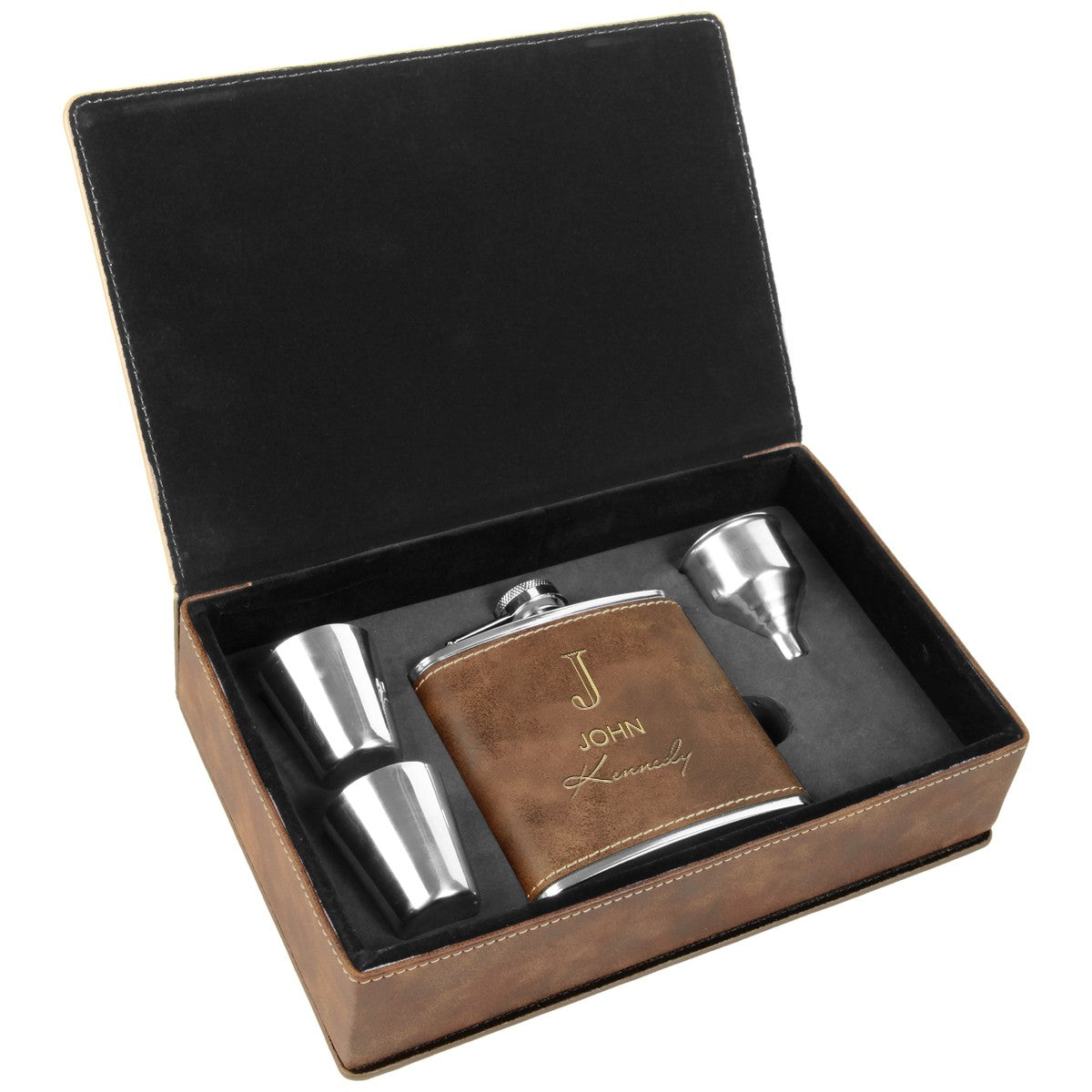 Antique Brown & Gold Full Name Monogram Flask Set