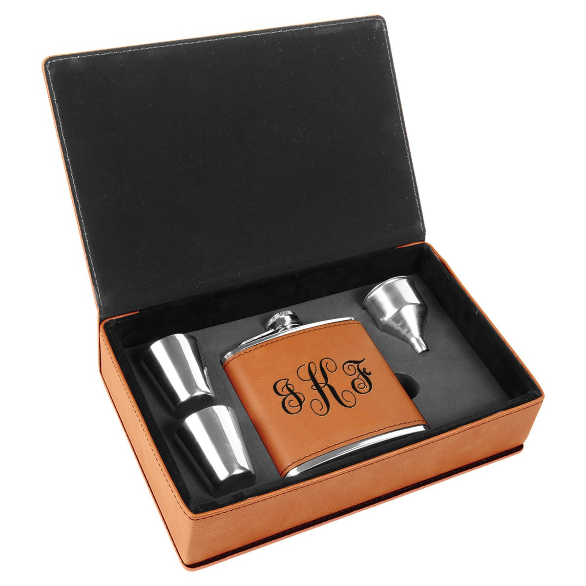 Rawhide & Black Script Monogram Flask Set