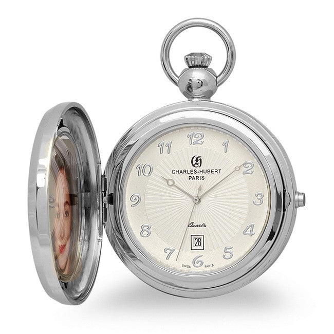 Silver Picture Frame Quartz Charles Hubert Pocket Watch & Chain #3851 - Executive Gift Shoppe