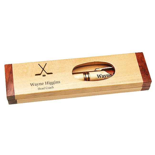 Hockey Themed Laser Engraved Maple & Rosewood Pen and Box Set