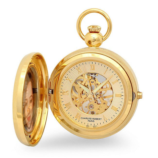 Gold Picture Frame Mechanical Charles Hubert Pocket Watch & Chain #3848 - Executive Gift Shoppe