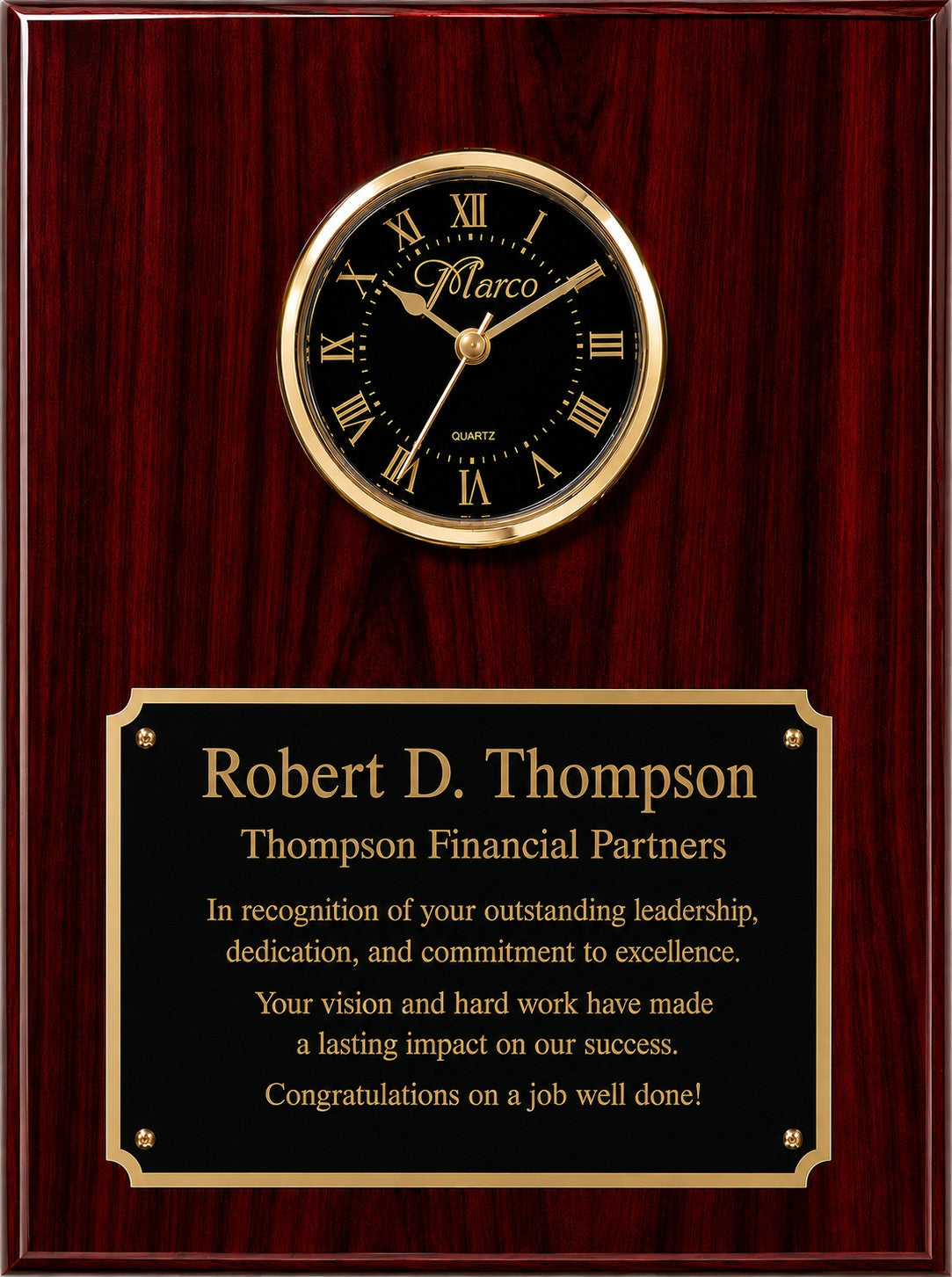 Personalized Rosewood Finish Recognition Plaque with Inlaid Clock with Black Dial