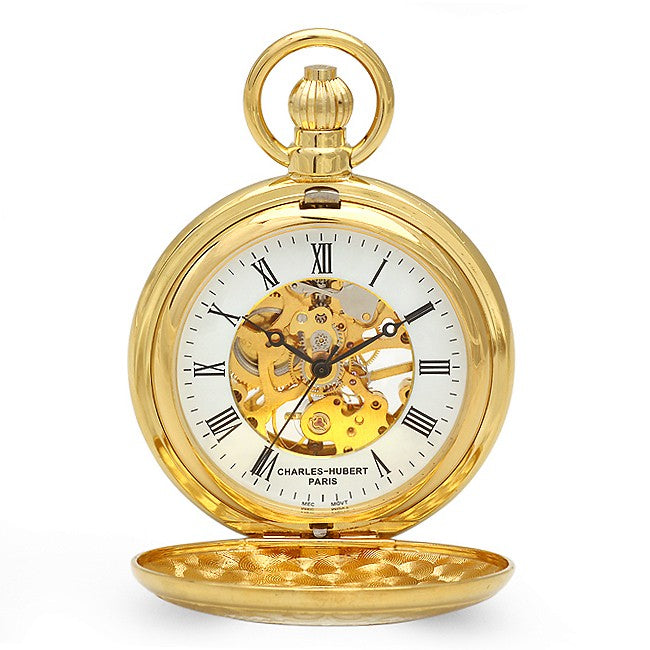 Gold Charles Hubert Mechanical Pocket Watch & Chain #3527 - Executive Gift Shoppe