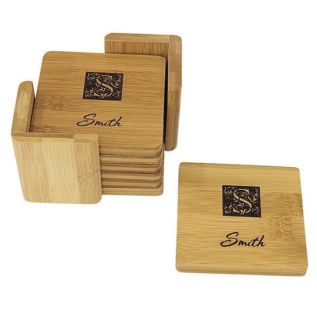 Monogram Square Bamboo Coaster Set - Executive Gift Shoppe