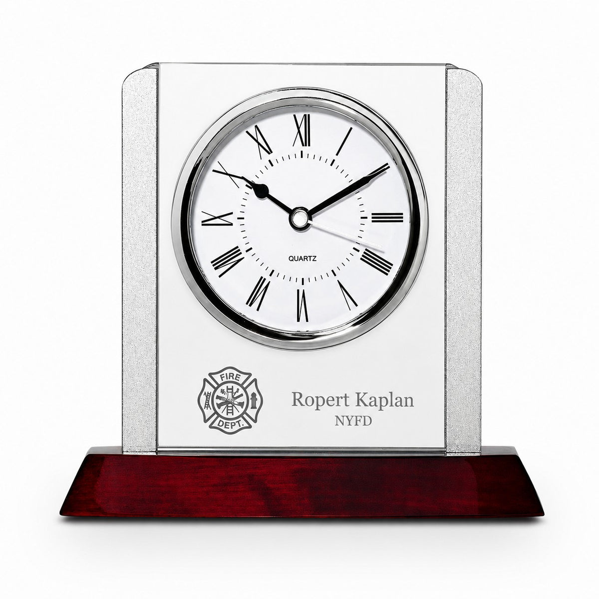 Prestige Collection Firefighter Theme Personalized Rosewood, Glass & Steel Desktop Clock