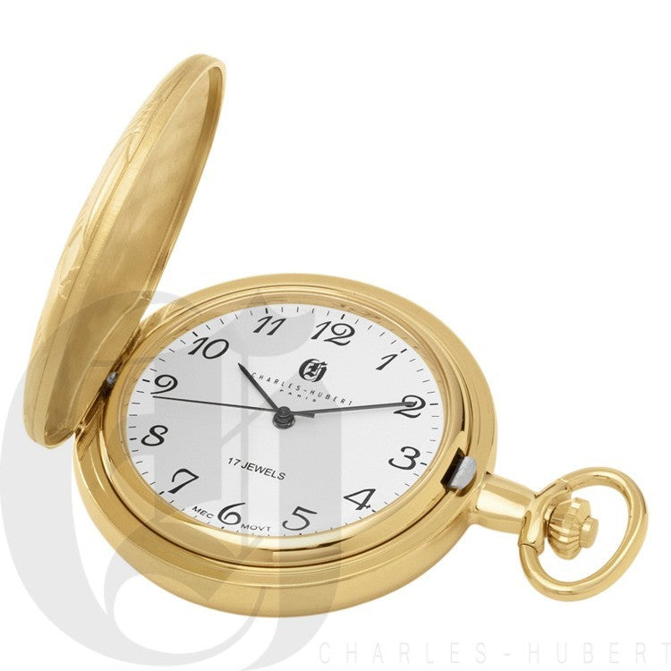 Basketweave Gold Mechanical Charles Hubert Pocket Watch & Chain #3841-G - Executive Gift Shoppe