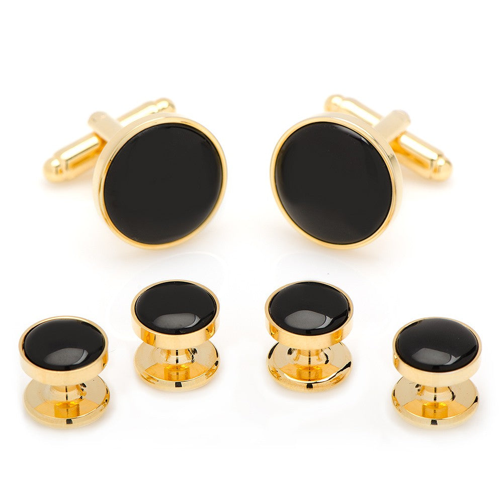 Onyx Gold Plated Cufflinks & Studs Set