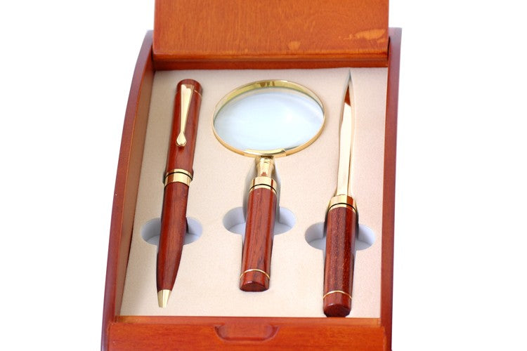 Rosewood & Brass Pen, Letter Opener and Magnifier Gift Set