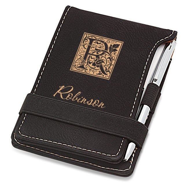 Initial Monogram Black Leatherette Notepad & Pen