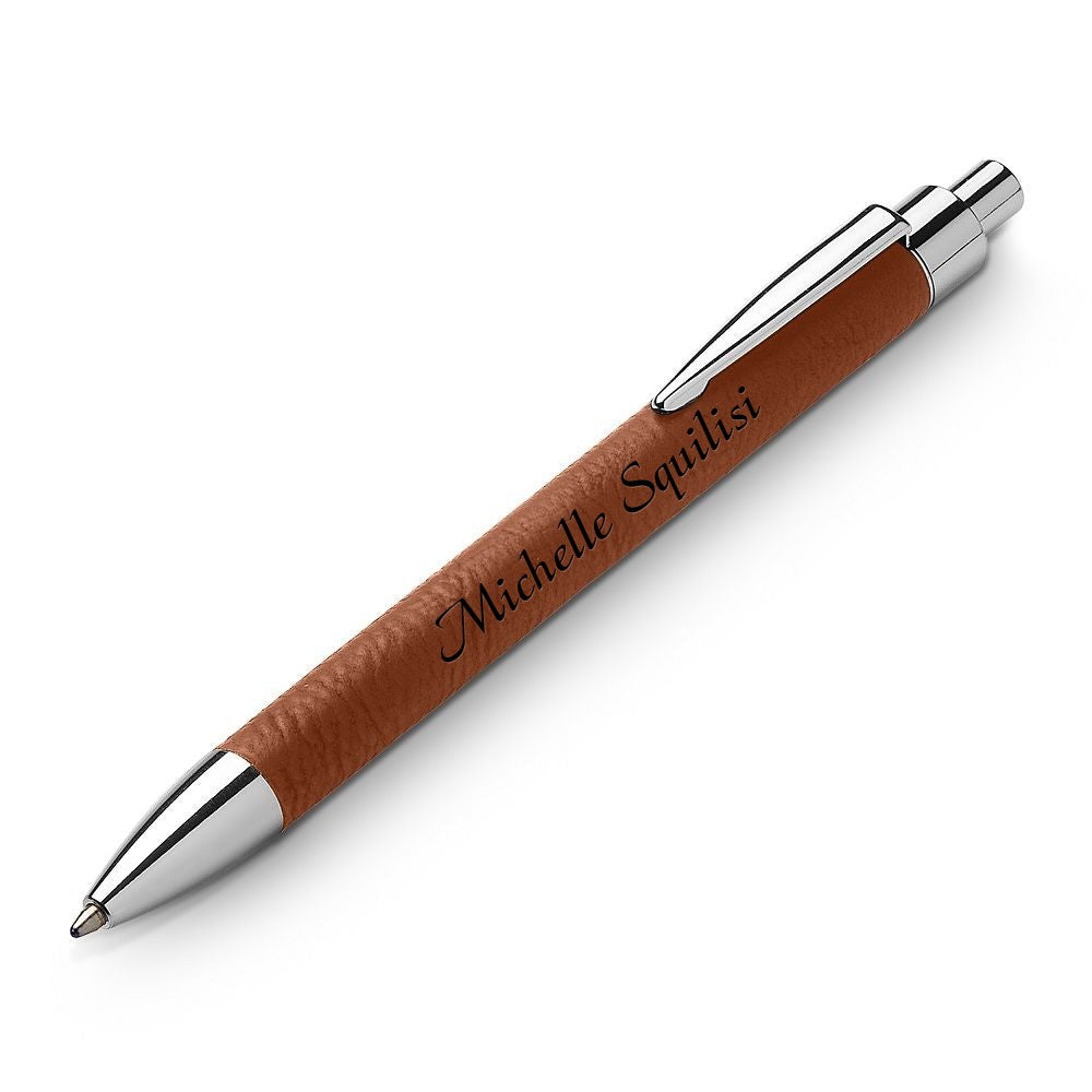 Silver & Rawhide Leatherette Click Action Ballpoint Pen - Free Personalization